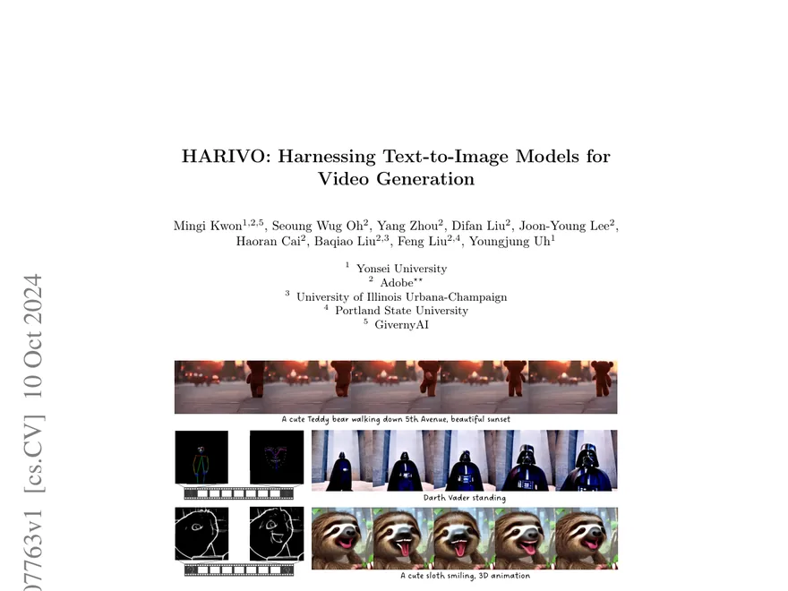 First page of HARIVO: Harnessing Text-to-Image Models for Video Generation