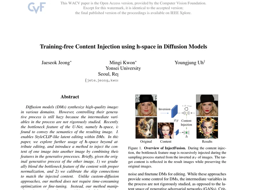 First page of Training-free Content Injection using h-space in Diffusion Models