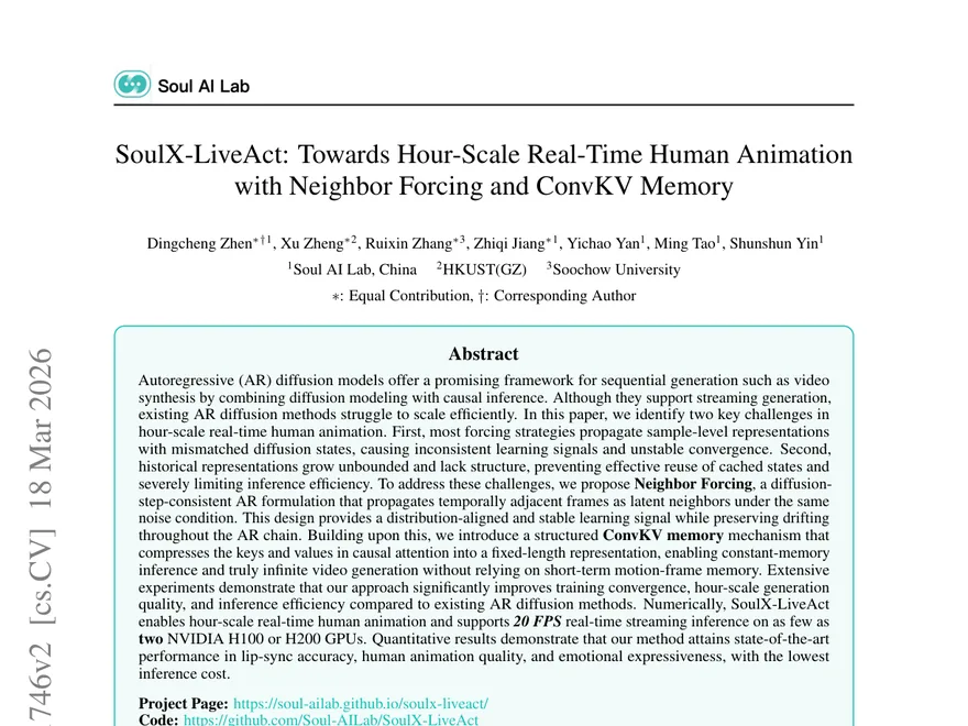 First page of SoulX-LiveAct: Towards Hour-Scale Real-Time Human Animation with Neighbor Forcing and ConvKV Memory