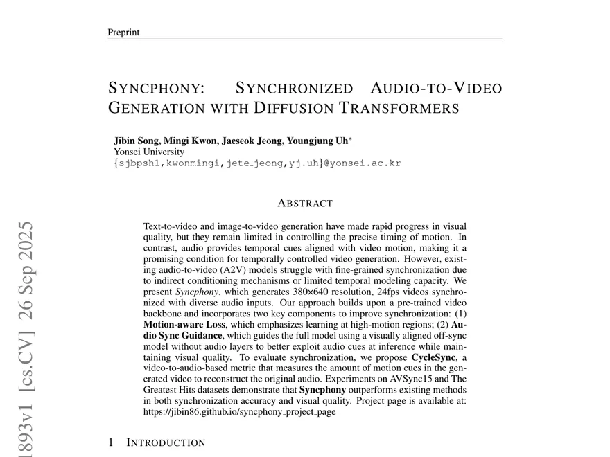 First page of Syncphony: Synchronized Audio-to-Video Generation with Diffusion Transformers