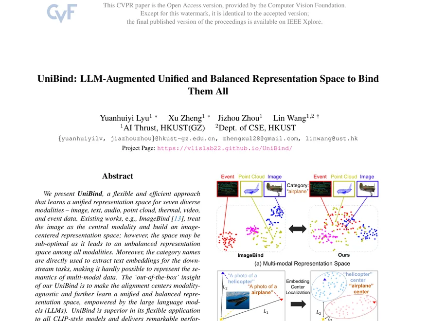 First page of UniBind: LLM-Augmented Unified and Balanced Representation Space to Bind Them All