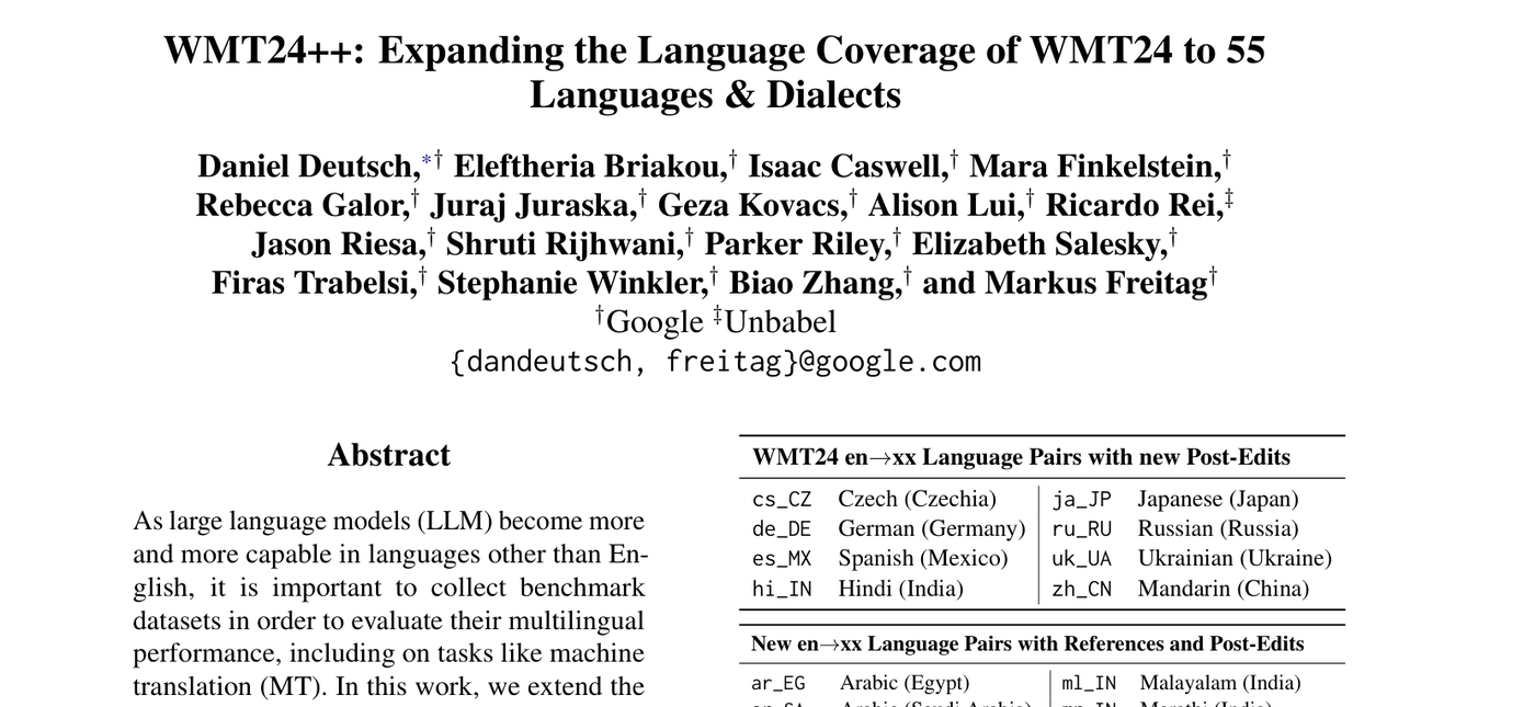 Top of the WMT24++ paper: the title, the Google and Unbabel author list, and the abstract